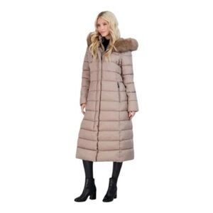 Tahari Nellie Golden Beige Puffer Maxi Coat With Removable Faux Fur Trim  NEW XS